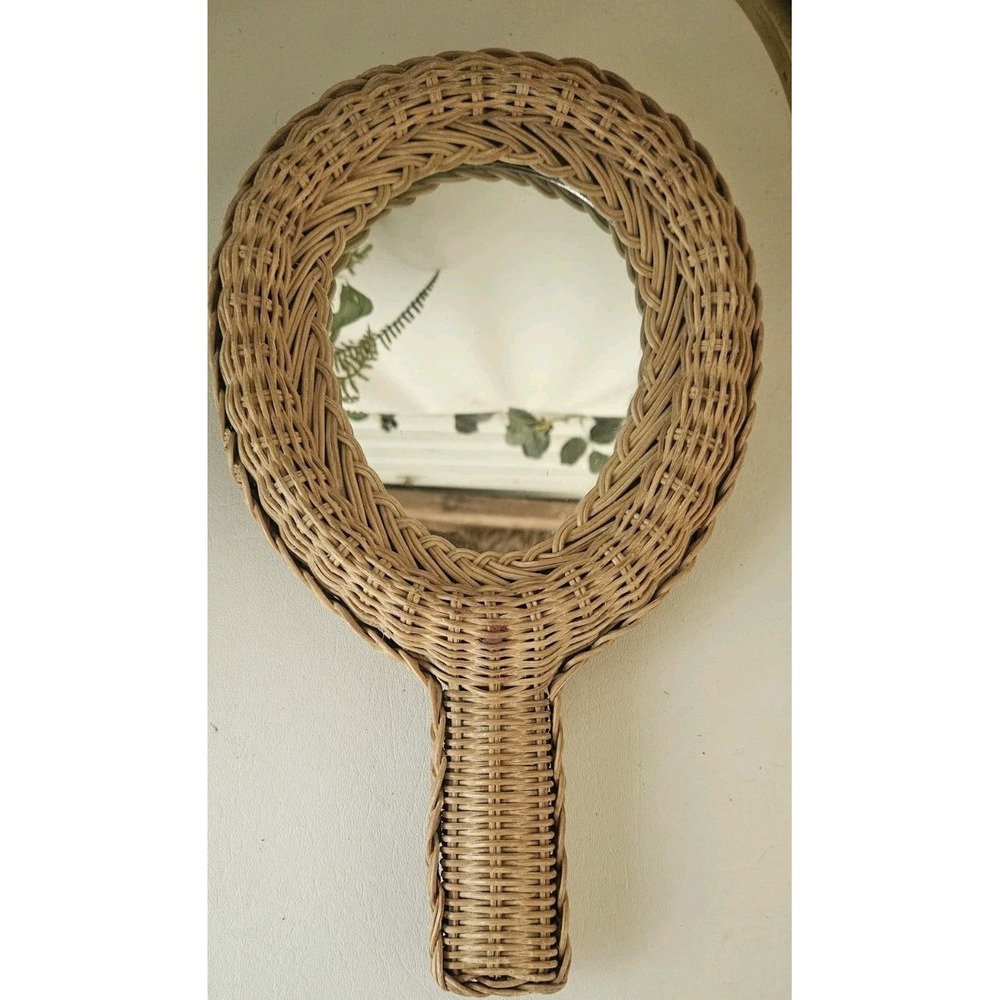 Wicker Rattan Hand Held Mirror Two Sided Vintage 1970's Woven/Braided